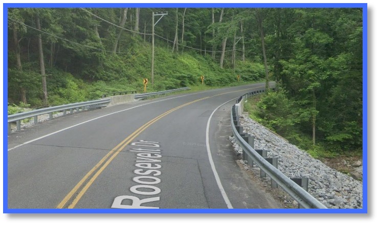 "A two‑lane roadway labeled 'Roosevelt Dr.' curves through a wooded area. Guardrails line both sides of the road, and utility poles with overhead wires run along the left side. The surrounding area is densely covered with trees and vegetation, with stone fill visible along the right side near the guardrail."